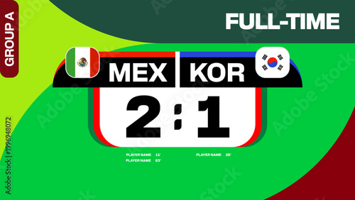 Dynamic Football 2026 Match Scoreboard Displaying Mexico vs South Korea Full-Time Group A Results Announcement