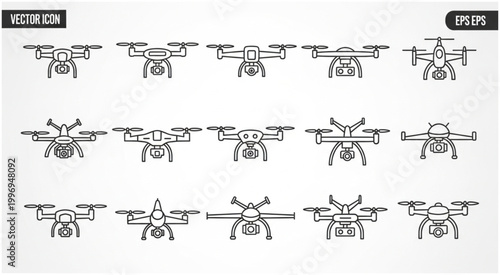 Collection of drone illustrations showcasing various designs and styles for aerial technology.