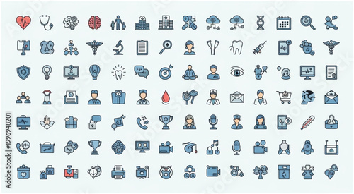Collection of medical and healthcare icons representing various aspects of medicine and well-being.