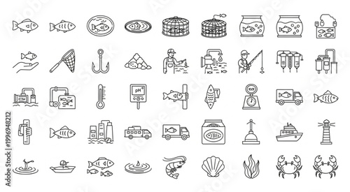 Collection of various fishing and seafood related icons and illustrations.
