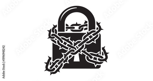Thorn Chain Lock Silhouette vector graphic illustration featuring a sturdy padlocked security device wrapped tightly in aggressive metal spiked chains symbolizing high level protection.