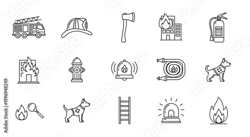 Firefighting equipment and symbols, a collection of emergency response tools and icons.