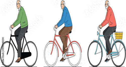 Elderly Man Riding Bicycle in Three Color Variations Vector Illustration