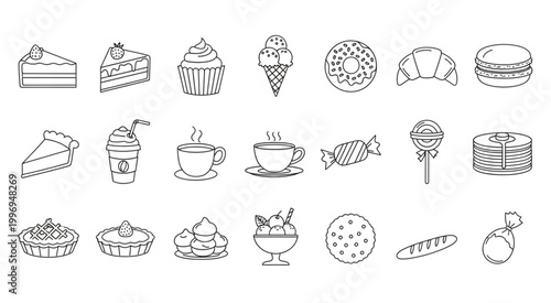 Collection of various delicious desserts and pastries in line art style.