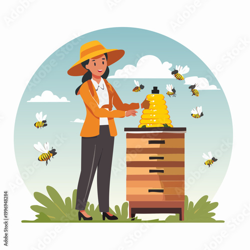 Beekeeper tending to a beehive with bees flying around
