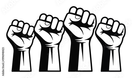 Four Raised Fists Symbolizing Unity, Strength, and Protest