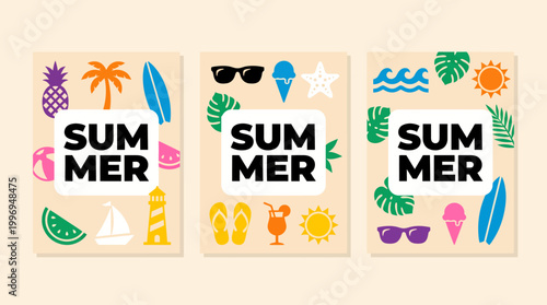 Three colorful summer-themed greeting cards with tropical icons, palm trees, fruits, waves, and bold SUMMER typography