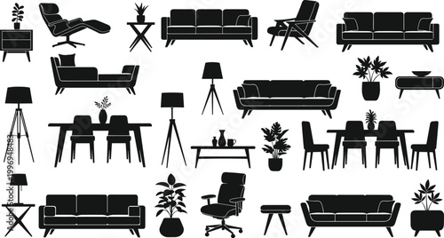 Modern furniture silhouettes living room dining interior design icons sofa chair table lamp cabinet plant home decor vector