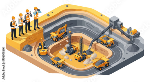 Isometric vector art showing a coal mine with several mine worker characters and heavy machinery, set against a white background and conveying an industrial, productive mood, in a detailed