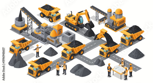 Isometric vector illustration featuring mining industry workers operating machinery and transporting coal on a roadway in a stylized industrial complex against a clean white background