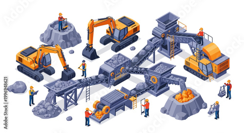 Isometric vector art depicts several mine worker characters overseeing a coal mine operation with excavators and conveyor belts processing materials, all set against a clean white