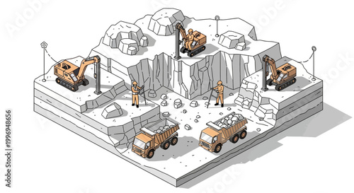 Isometric vector art shows mine workers operating heavy machinery in a coal mine, with trucks and excavators depicted in a clean, illustrative style against a white background