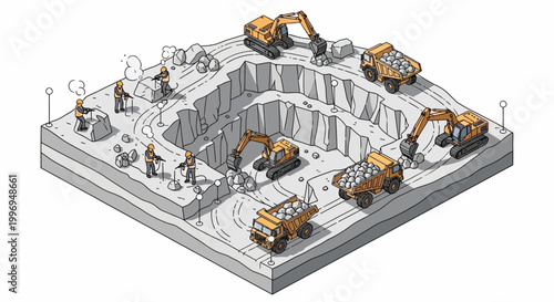 Isometric vector illustration depicts a coal mine operation with mine workers operating heavy machinery to extract resources, set against a clean white background with a detailed design