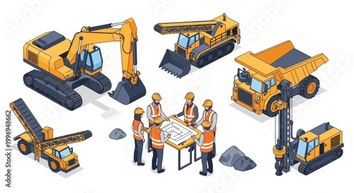 Isometric vector illustration depicts a mining industry team of characters reviewing a blueprint surrounded by heavy equipment, set against a clean white background with a focus on business