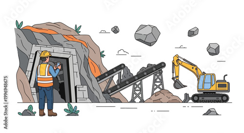 Isometric vector art features a mining industry scene with a mine worker inspecting the entrance, conveyor belts carrying coal, and an excavator removing debris against a clean white