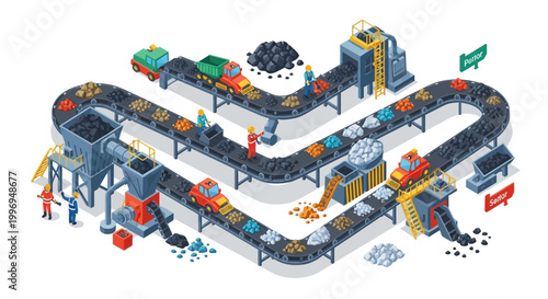 Isometric vector illustration showing the mining industry, with coal being transported on conveyor belts and processed by mine workers at various stages in a detailed, colorful design