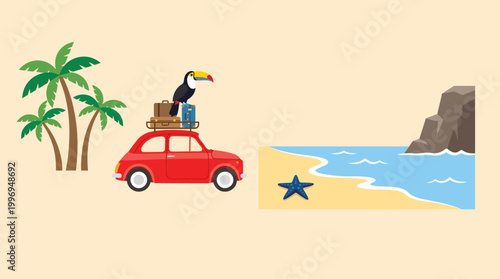 Sunny beach road trip illustration featuring a red car, palm trees, and an expansive ocean view