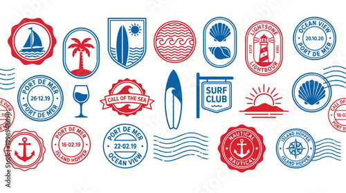 Creative collage of nautical stamps and travel seals featuring waves, anchors, surfing, lighthouses, palm trees, ships and beach icons
