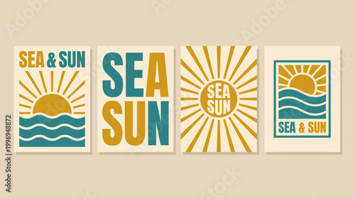 Set of four vintage travel posters featuring sea and sun motifs, retro beach scenes with waves and sunburst designs