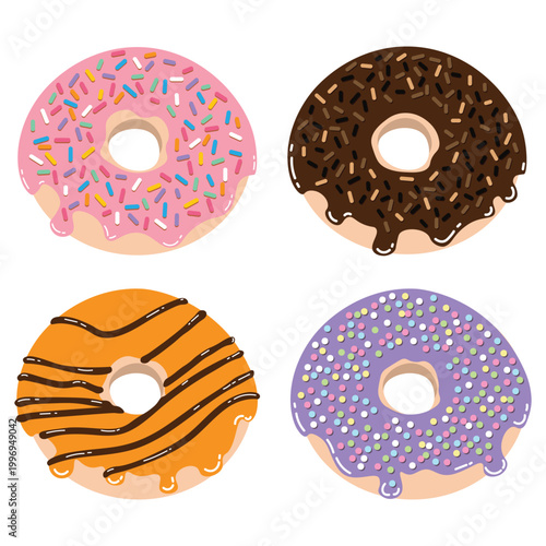 Flat vector illustration of assorted donuts. Minimalist food icons in pastel tones, perfect for menus, packaging, or bakery branding.