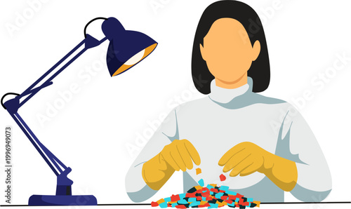 flat vector illustration of a woman wearing protective gloves holding microplastic fragments, environmental pollution awareness and ocean waste concept