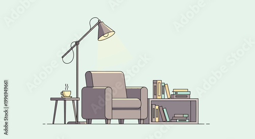 Cozy living room, modern minimalist interior, armchair, floor lamp, home decor, furniture set, vector illustration