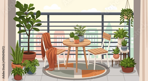 Cozy balcony patio, outdoor furniture set, plants on balcony, modern apartment decor, urban oasis