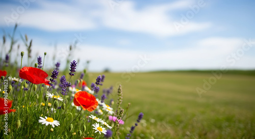 Vibrant wild poppies and lavender flourish in a sun-drenched summer meadow under a clear blue sky