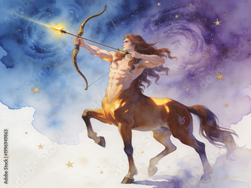 Sagittarius Zodiac fantasy Illustration in Watercolor Style. A mythical centaur archer aiming towards the stars in a cosmic landscape. For astrology posters, horoscopes, calendars, tarot.