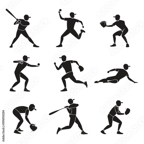 Professional Baseball Player and Action Silhouette Set for Sports Branding and Identity
