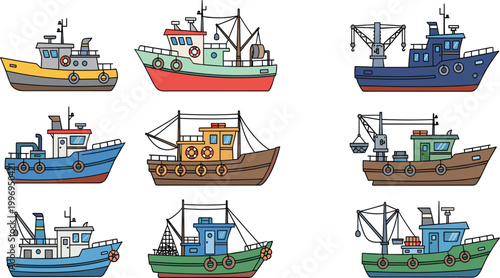 Fishing Trawler and Cargo Boat Cartoon Vector Illustration Set
