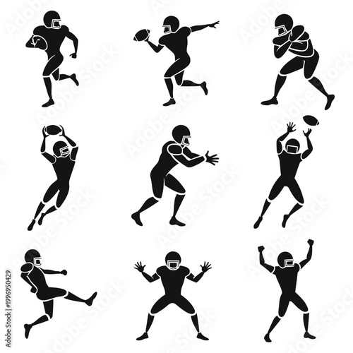 Professional American Football Player Silhouette Set for Team Logos and Sports Branding