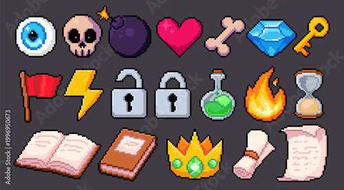 Pixel art game collection of arcade item icons, 8 bit interface elements, key, lock and crown, book, scroll and diamond, retro videogame graphics for level design, ui cartoon vector illustrations