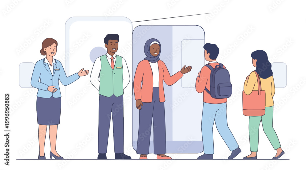 Obraz premium Welcoming Flight Crew and Passengers Boarding an Airplane Diverse People Entering Aircraft for Travel