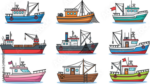 Fishing Boats and Trawlers Cartoon Vector Illustration Collection