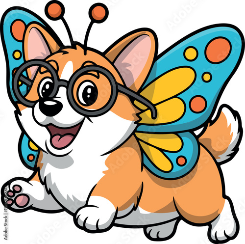Cute corgi with big eyes wearing horn headband and butterfly wings running happily simple child friendly flat vector illustration