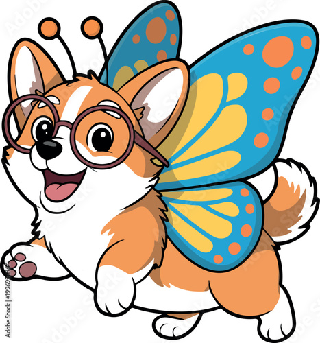 Cute corgi with big eyes wearing horn headband and butterfly wings running happily simple child friendly flat vector illustration