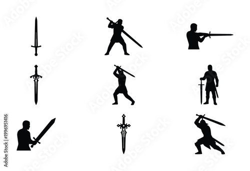 Photos Warrior Sword Silhouettes, Medieval Knight Combat Poses, Fantasy Weapon Icons, H