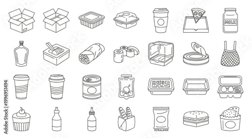 Collection of various food containers and packaging in line art style.
