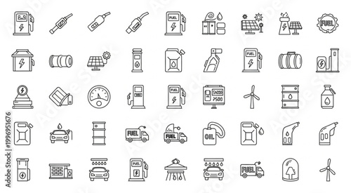 Collection of fuel and energy icons representing various concepts and elements.