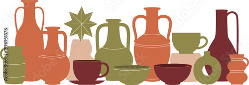 Colorful Ceramic Pottery and Cups Collection, Vector Design for Home Decor, Kitchenware, and Craft Themes