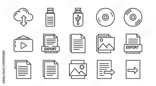 Collection of various digital storage and data transfer icons in a line art style.