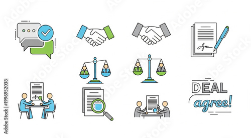 Business and legal concept icons representing agreements and deals.