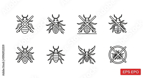 Collection of insect icons with prohibition signs, pest control concept.