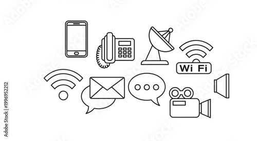 Collection of communication icons representing various technological devices and methods.