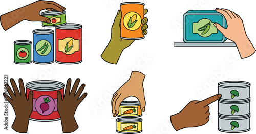 Photos Food Canning and Packaging Vector Set Showing Hands Holding, Opening and Labelin