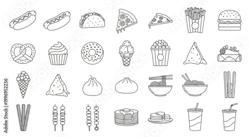 Collection of various fast food items in simple line art style.