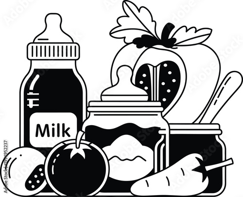 Baby food and milk bottle with fruits and vegetables baby bottle