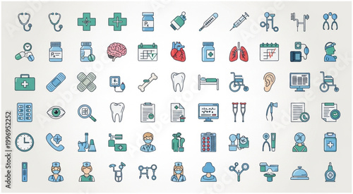 Collection of medical icons representing healthcare, medicine, and treatment for various conditions and illnesses.