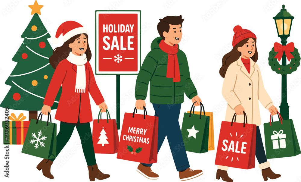 Fototapeta premium Christmas shopping people carrying gift bags holiday sale flat vector illustration